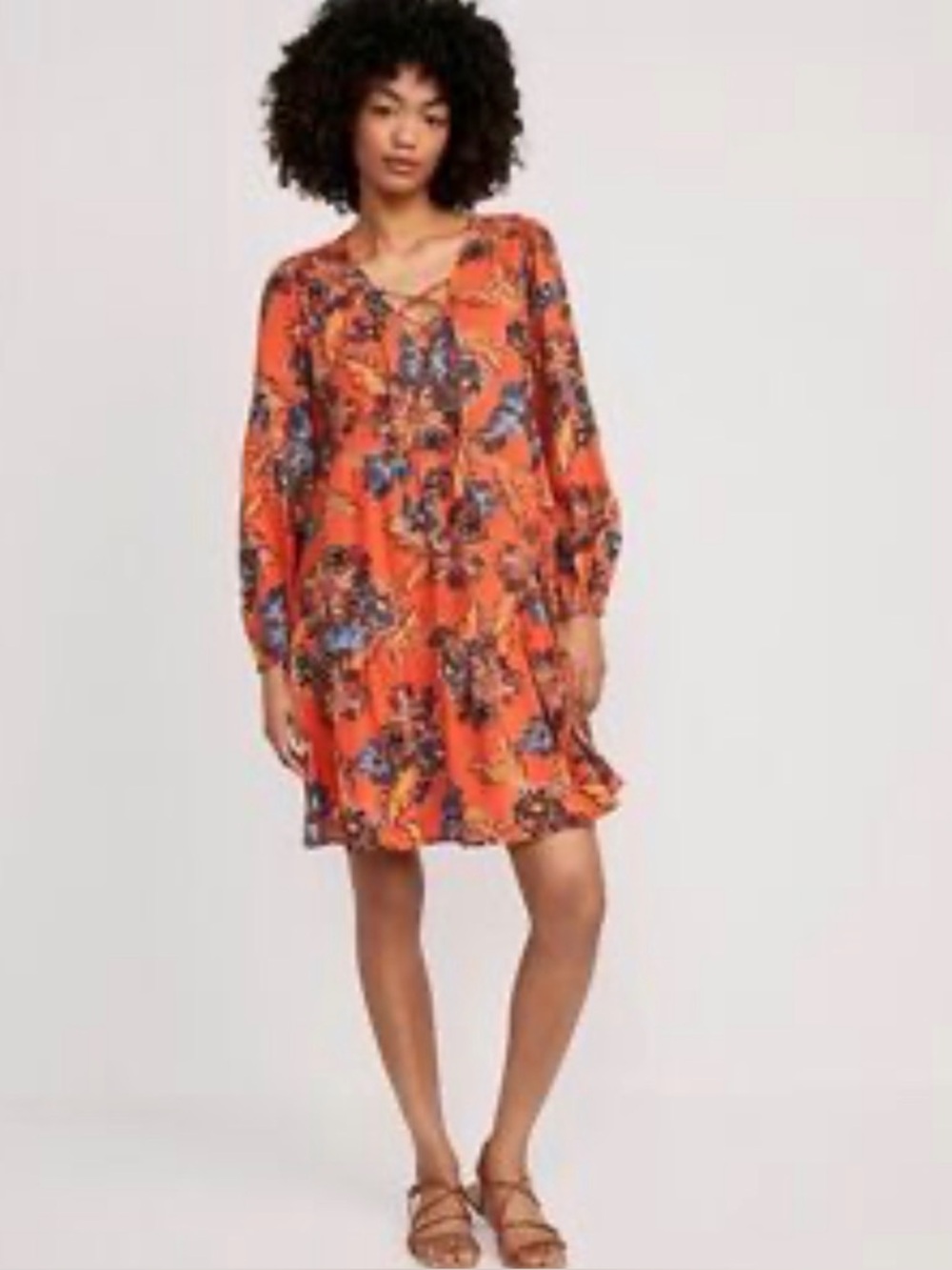Old Navy Orange Floral Boho Long-Sleeve Tiered Dress
